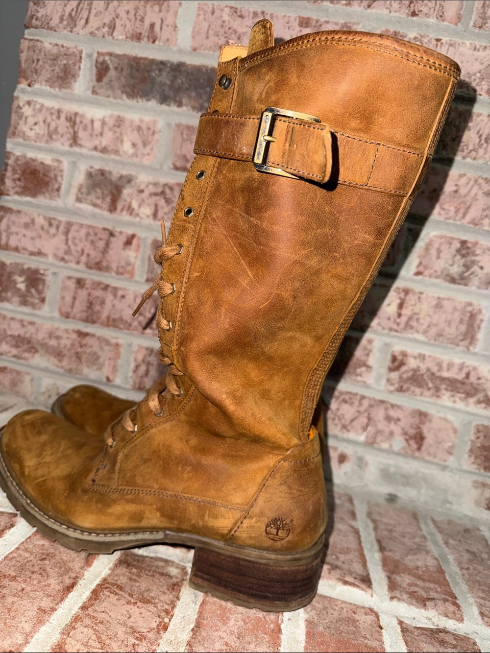 Women Timberland Tan Leather Lace-Up Mid-Calf Buckle Boots size 11M - Picture 4 of 13